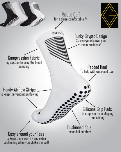 Contrast - White - Black Grip Midcalf Length Premium Football Grip Socks